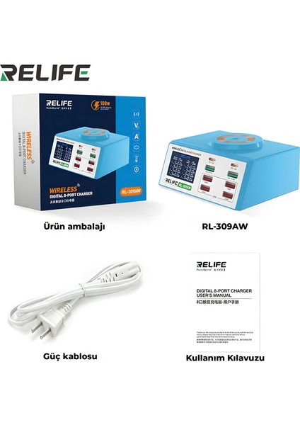 Relıfe RL-309AW | 100W Akıllı 8 Port Şarj Cihazı (Kısa Devre Onarım Fonksiyonlu, Kablosuz + Dijital USB Tester) indirimleri