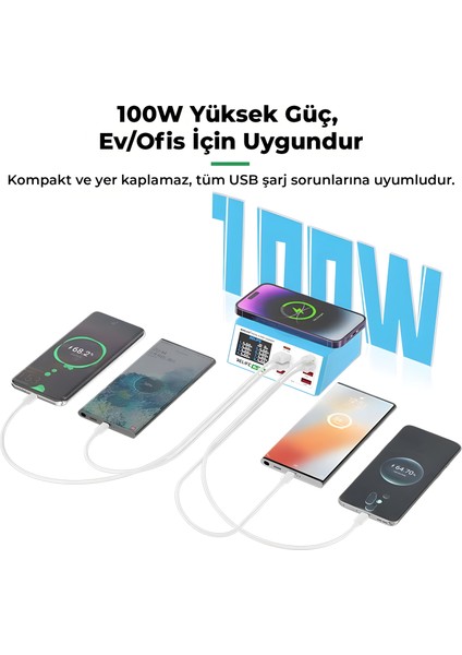 Relıfe RL-309AW | 100W Akıllı 8 Port Şarj Cihazı (Kısa Devre Onarım Fonksiyonlu, Kablosuz + Dijital USB Tester)