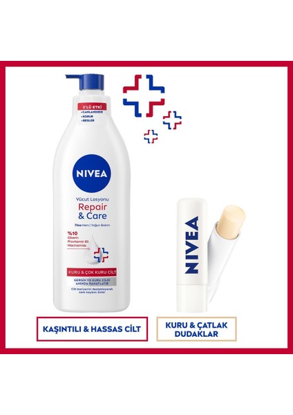 Repair&care Yoğun Nemlendirici Vücut Losyonu 400ML ve Nemlendirici Dudak Kremi, Kuru Cilt Bakım Seti