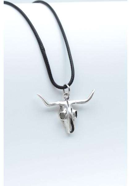 Boğa - Kuru Kafa Gümüş Kaplama Deri Ip Kolye
