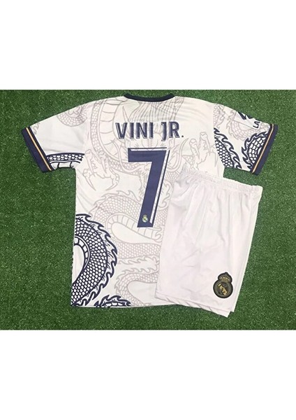 R.e.a.l Madrid 2023/24 Yeni Sezon Dragon Ejderha Desenli (Beyaz) Vini Jr Özel Çocuk Forması 3'lü Set
