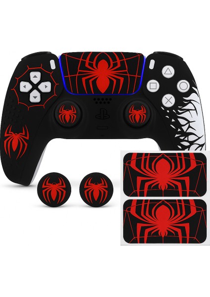 Ps5 Dualsense Joystick Koruyucu Silikon Kılıf + 2 Analog Başlık + 2 Sticker – Yüksek Kaliteli, Spider 2 Desenli