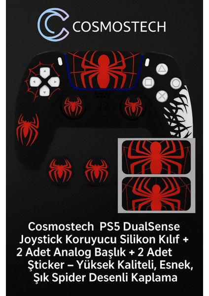 Ps5 Dualsense Joystick Koruyucu Silikon Kılıf + 2 Analog Başlık + 2 Sticker – Yüksek Kaliteli, Spider 2 Desenli
