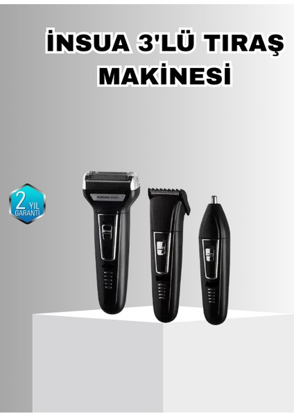 Insua Erkek Bakım Seti – 3 Başlıklı Şarjlı Tıraş Makinesi, 60 Dakika Kablosuz Kullanım