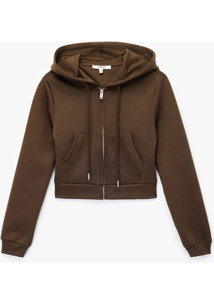 Kadın Pamuklu Cepli Uzun Kollu Fermuarlı Kapüşonlu Crop Sweatshirt 6WAK10025EK fiyatları