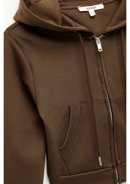 Kadın Pamuklu Cepli Uzun Kollu Fermuarlı Kapüşonlu Crop Sweatshirt 6WAK10025EK fırsatları