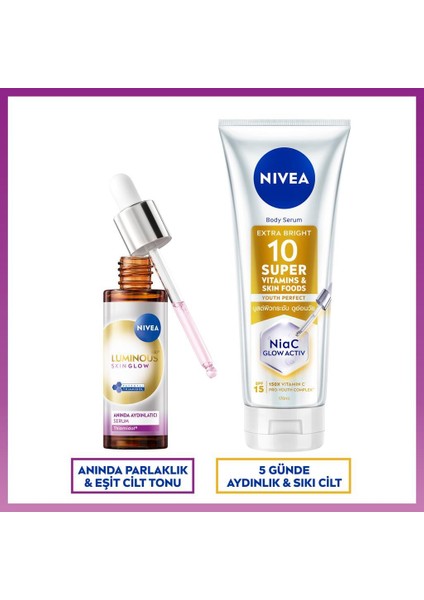 LUMINOUS630 Skin Glow Aydınlatıcı Cilt Serumu 30ML ve SUPER10 Aydınlatıcı, Nemlendirici Losyon 170ML