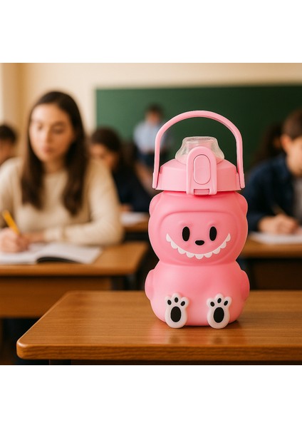 Labubu Matara Pembe 1000 ml – Sevimli Kapaklı Su Şişesi, Okul & Spor Için Dayanıklı Su Kabı