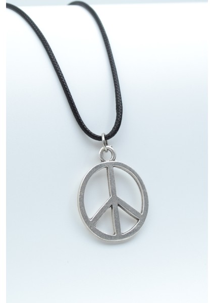 Peace Barış İşareti Gümüş Kaplama Deri İp Kolye