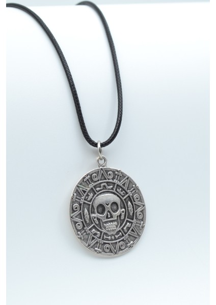 Aztec Karayip Korsanları Madalyon Gümüş Kaplama Deri İp Kolye