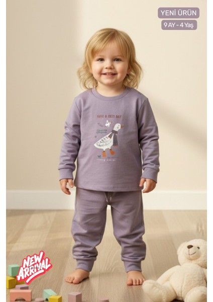 Unisex Bebek & Çocuk Eşofman Takımı Pamuklu Esnek Kumaş Sevimli Kaz Baskılı Lila 2'li Alt Üst Takım