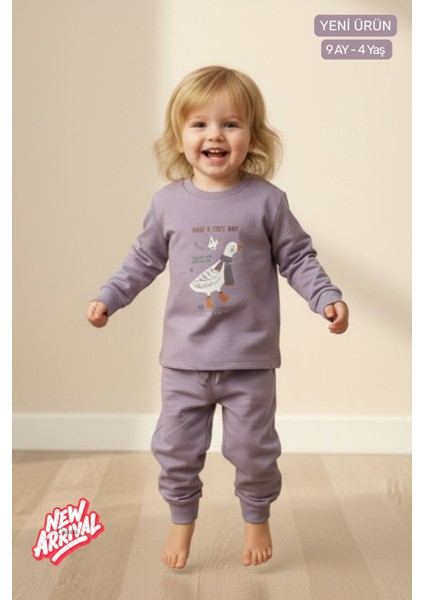 Unisex Bebek & Çocuk Eşofman Takımı Pamuklu Esnek Kumaş Sevimli Kaz Baskılı Lila 2'li Alt Üst Takım modelleri