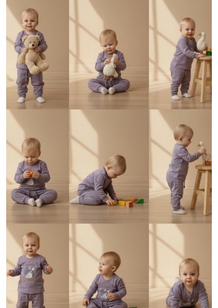 Unisex Bebek & Çocuk Eşofman Takımı Pamuklu Esnek Kumaş Sevimli Kaz Baskılı Lila 2'li Alt Üst Takım