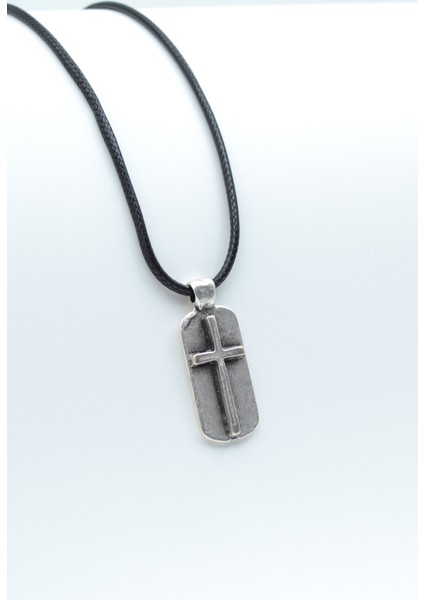 Haç Künye Gümüş Kaplama Deri Ip Kolye