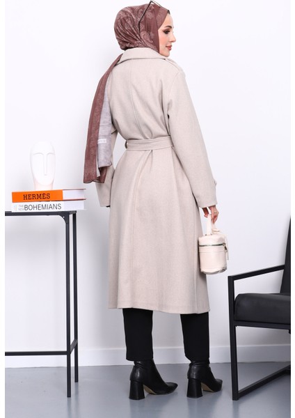 Taş Kruvaze Yaka Kuşaklı Kaşe Kaban fırsatları