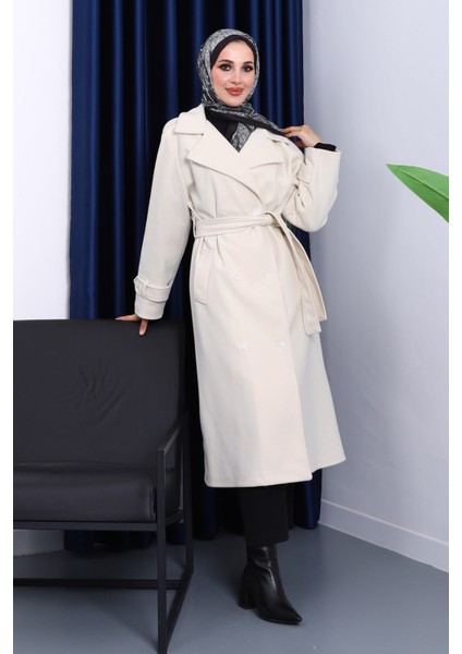 Krem Kruvaze Yaka Kuşaklı Kaşe Kaban