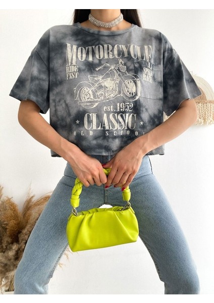 Alpaco Motosiklet Baskılı Yıkamalı Crop Tişort -Gri -Collectıon fiyatları