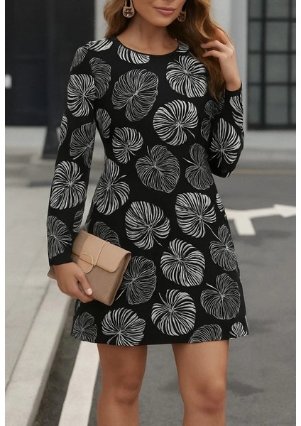 Kadın Uzun Kollu Bisiklet Yaka Desenli Kısa Krep Elbise modelleri