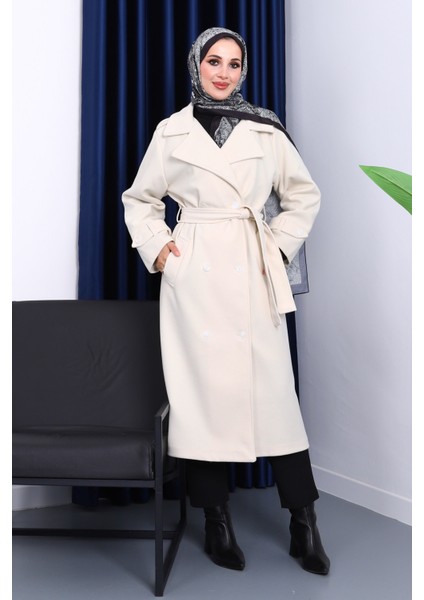 Krem Kruvaze Yaka Kuşaklı Kaşe Kaban fiyatları