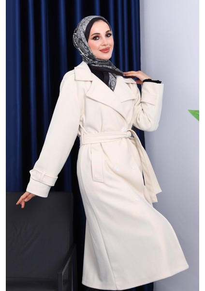 Krem Kruvaze Yaka Kuşaklı Kaşe Kaban modelleri