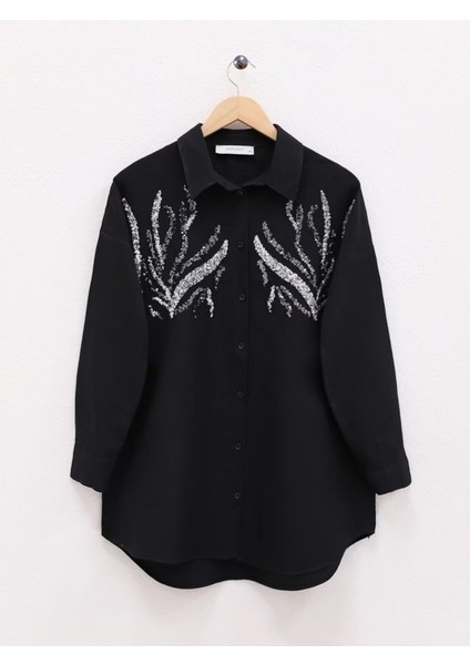 Alpaco Önü Pul Payetli Uzun Gömlek -Siyah -Collectıon