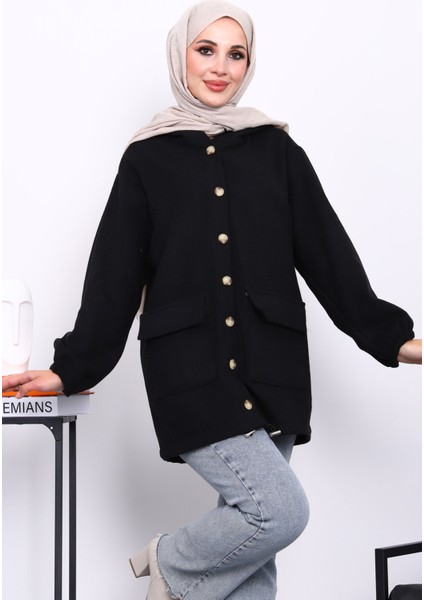 Siyah Kapüşonlu Düğmeli İnce Kaşe Ceket