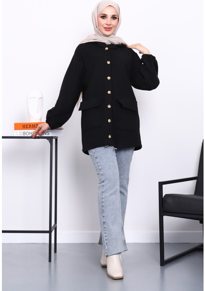 Siyah Kapüşonlu Düğmeli İnce Kaşe Ceket fiyatları