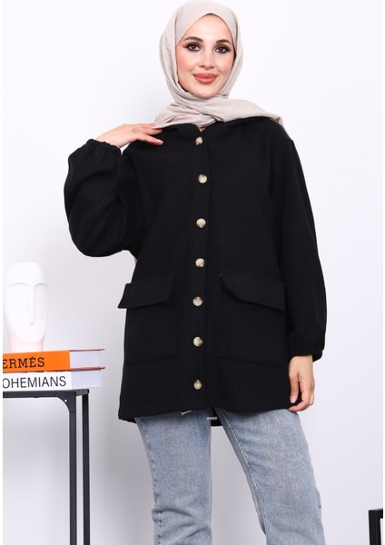 Siyah Kapüşonlu Düğmeli İnce Kaşe Ceket modelleri