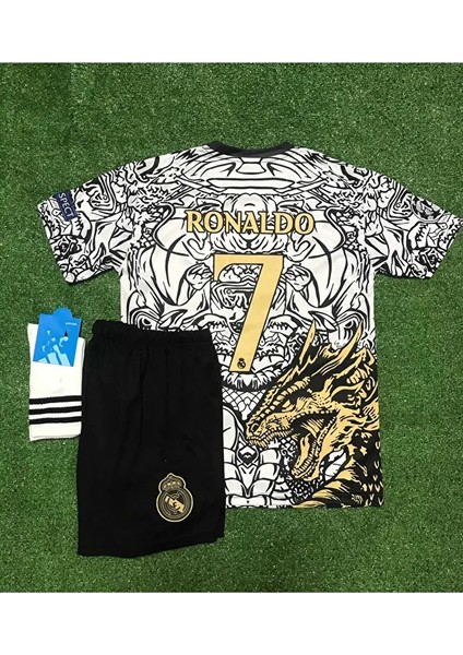 Real Madrid Yeni Sezon Dragon Desenli Cristiano Ronaldo Çocuk Forması 3'lü Set (Black-White)