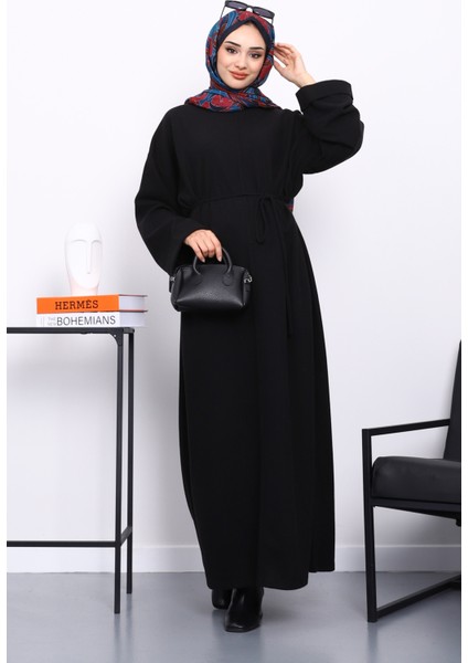 Siyah Önü Dikişli Oversize Dokulu Uzun Elbise