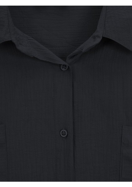 Alpaco Çift Cepli Oval Kesim Kolu Katlamalı Gömlek Tunik -Siyah -Collectıon modelleri