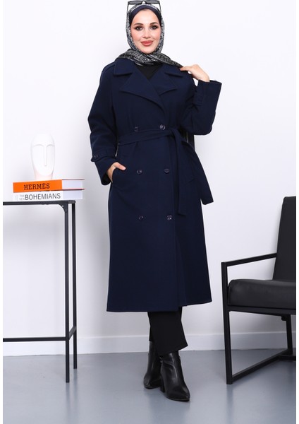 Lacivert Kruvaze Yaka Kuşaklı Kaşe Kaban