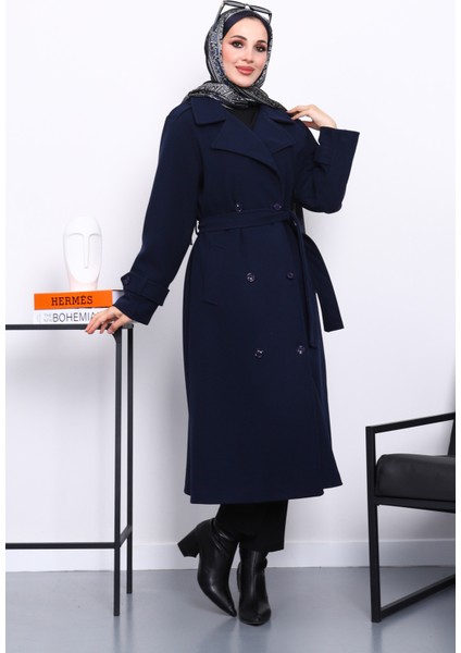 Lacivert Kruvaze Yaka Kuşaklı Kaşe Kaban fiyatları