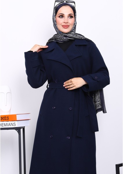 Lacivert Kruvaze Yaka Kuşaklı Kaşe Kaban modelleri