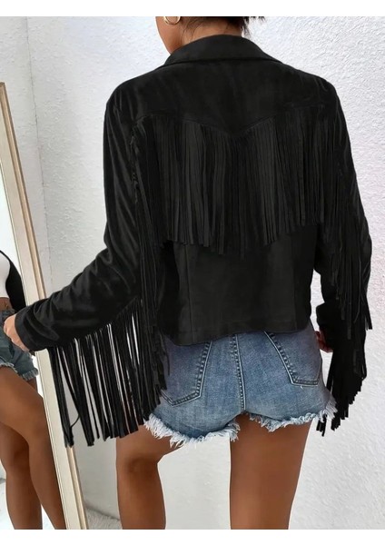 Kadın Uzun Kollu Yakalı Kısa Püsküllü Süet Ceket modelleri