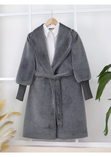 Alpaco Kolu Ribanalı Şal Yaka Astarlı Kaşe Kaban -Füme -Collectıon
