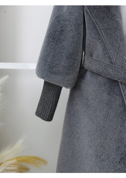 Alpaco Kolu Ribanalı Şal Yaka Astarlı Kaşe Kaban -Füme -Collectıon modelleri