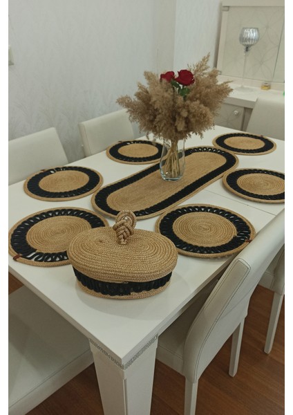 6’lı Supla 1 Runner 1 Kapaklı Örgü Ekmek Sepeti Seti Bej Krem Desenli Sunumluk