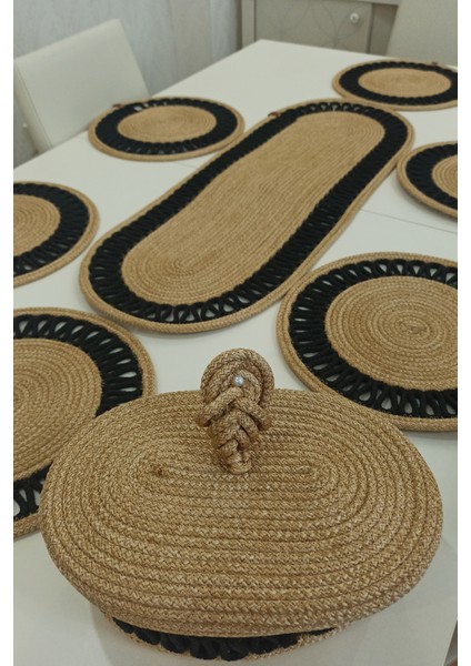 6’lı Supla 1 Runner 1 Kapaklı Örgü Ekmek Sepeti Seti Bej Krem Desenli Sunumluk