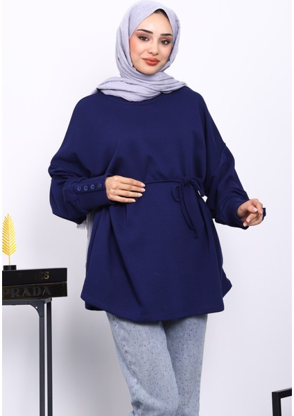 Lacivert Düğme Detaylı Oversize Sweatshirt modelleri