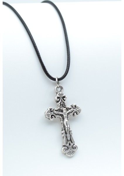 Hz. İsa Haç Gümüş Kaplama Deri İp Kolye