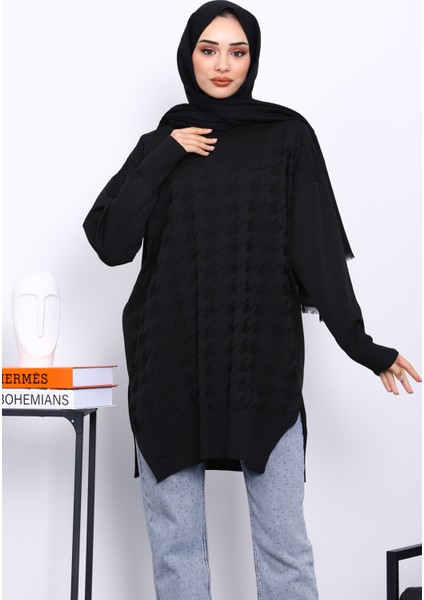 Siyah Kazayağı Desenli Soğuk İplik Triko Tunik