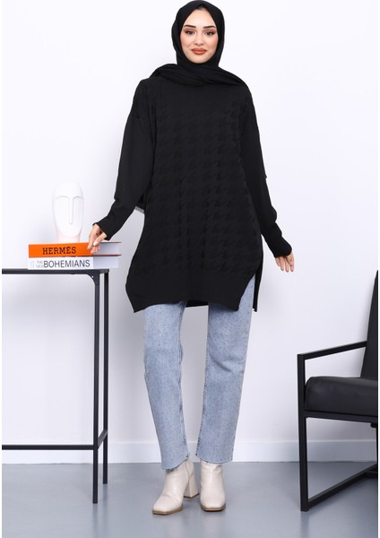 Siyah Kazayağı Desenli Soğuk İplik Triko Tunik fiyatları