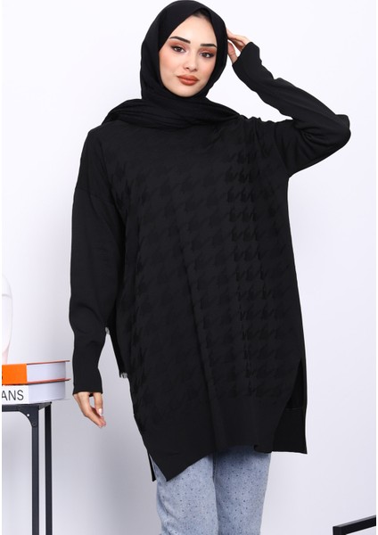 Siyah Kazayağı Desenli Soğuk İplik Triko Tunik modelleri