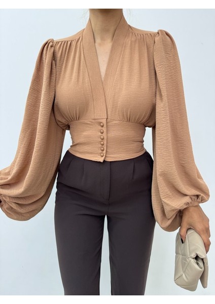 Alpaco Düğmeli Arkası Lastikli Balon Kol Sandy Crop -Vizon -Collectıon