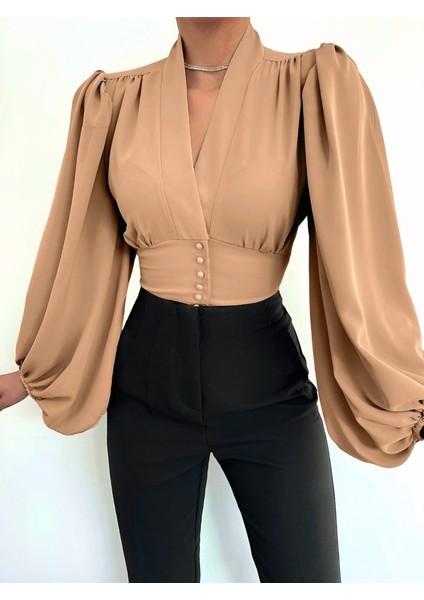 Alpaco Düğmeli Arkası Lastikli Balon Kol Sandy Crop -Vizon -Collectıon fiyatları