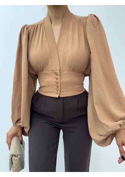 Alpaco Düğmeli Arkası Lastikli Balon Kol Sandy Crop -Vizon -Collectıon modelleri