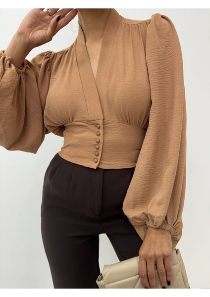 Alpaco Düğmeli Arkası Lastikli Balon Kol Sandy Crop -Vizon -Collectıon indirimleri