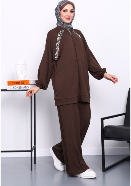 Kahverengi Çift Cepli Taş İşlemeli Modal Takım fiyatları