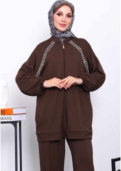 Kahverengi Çift Cepli Taş İşlemeli Modal Takım modelleri